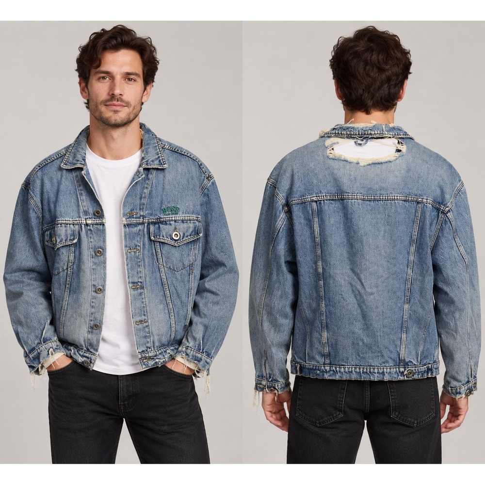 Hugo Boss Distressed Denim Trucker Jacket Medium Wash Frayed Mens XL Vintage